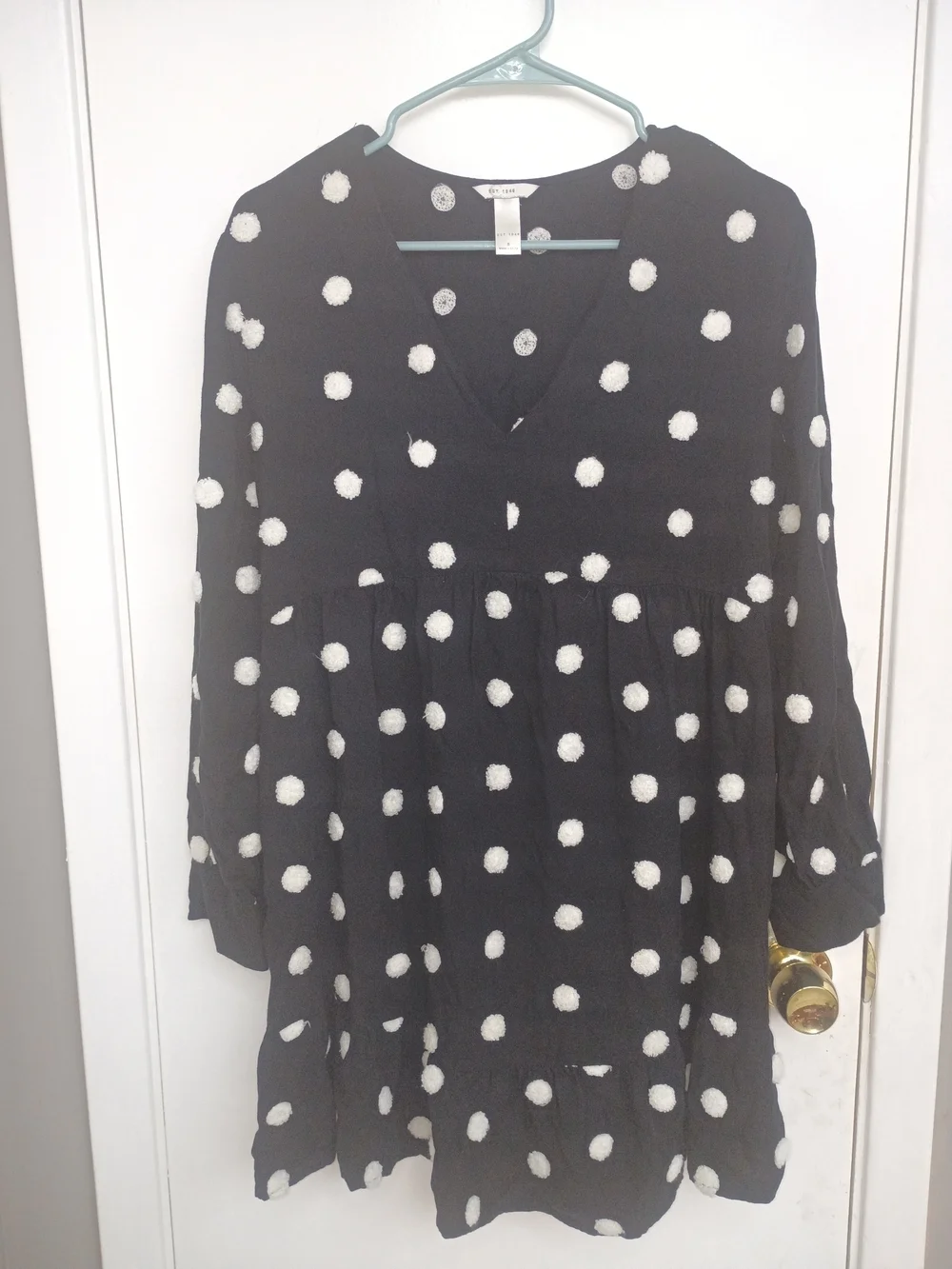 V-Neck Long Sleeve Polka Dot Dress - Black/White - Picture 2 of 12